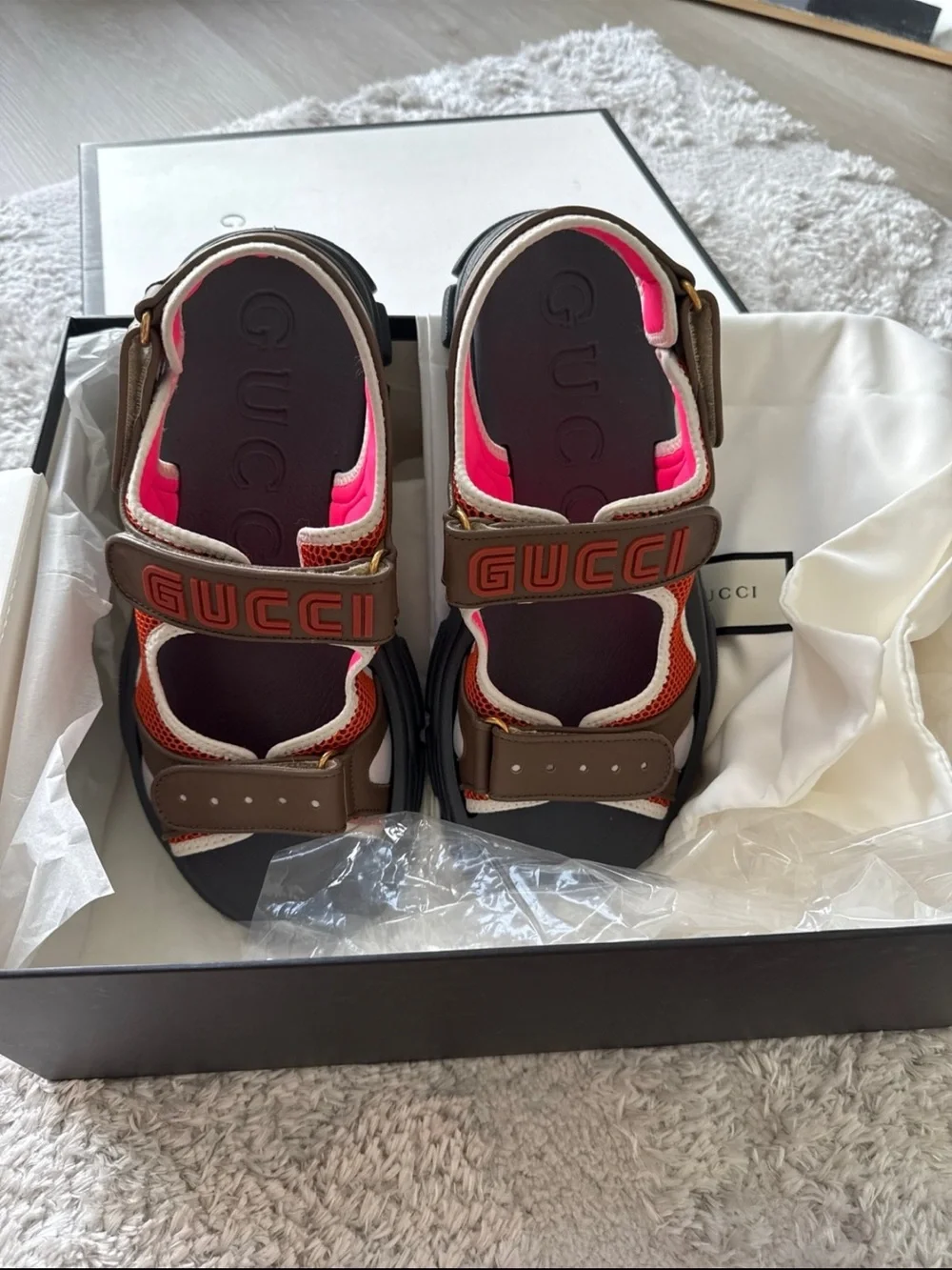 Gucci Brown, Orange & Black Leather Mesh Sport Sandals